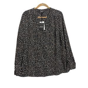 DKNY woman's blouse XL black brown white marks long sleeve 1/2 button front